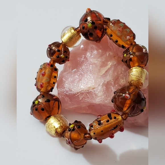 Vintage murano lampwork lamp beads venetian Italy bracelet amber gold foil beads - Picture 6 of 13
